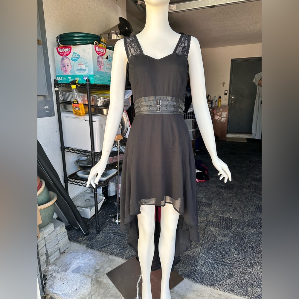 ROYAL BONES cinched waist hi low black lace and faux leather dress